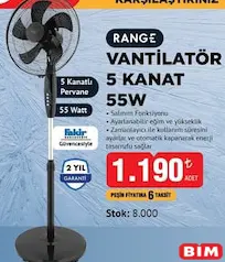 RANGE VANTİLATÖR 5 KANAT 55W indirimli fiyat RANGE VANTİLATÖR 5 KANAT 55W fiyat ve kampanya bilgisi